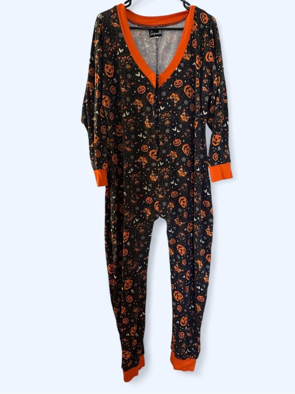 Sourpuss Women’s Halloween Pumpkin Print Onesie - Black/Orange